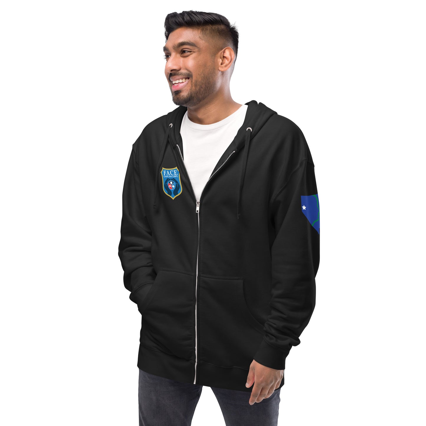 Unisex fleece zip up hoodie (Logo on chest, CHAPLAIN on back, NV on sleeve)