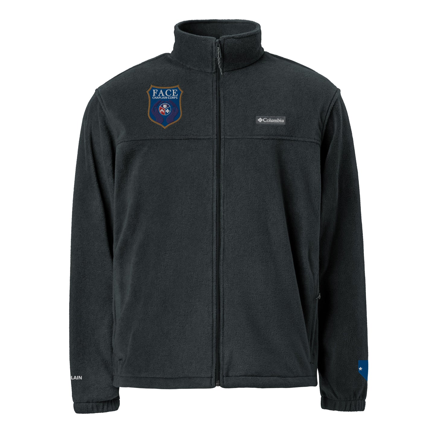 Unisex Columbia fleece jacket (Logo on chest, NV on Sleeve, CHAPLAIN on other sleeve)