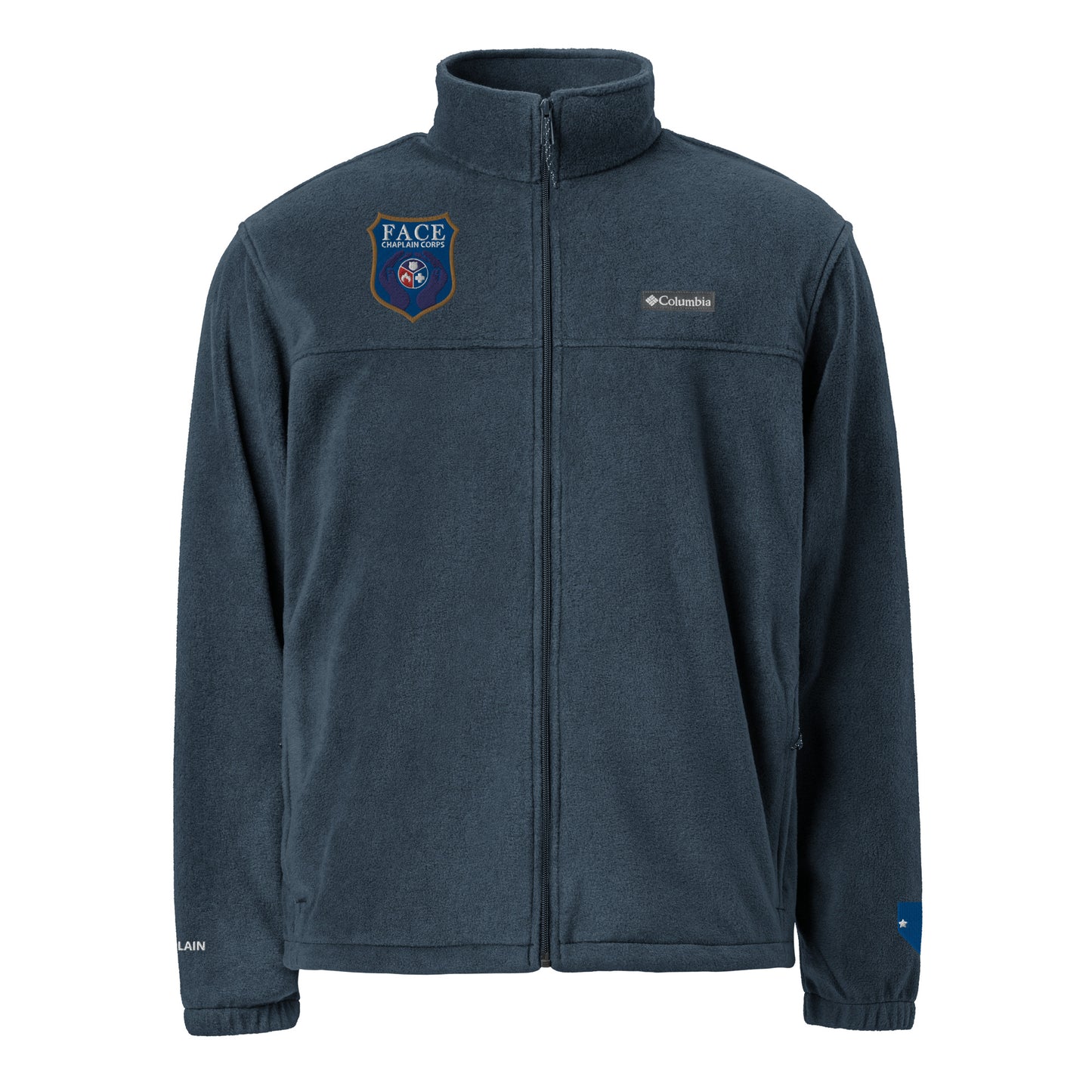 Unisex Columbia fleece jacket (Logo on chest, NV on Sleeve, CHAPLAIN on other sleeve)