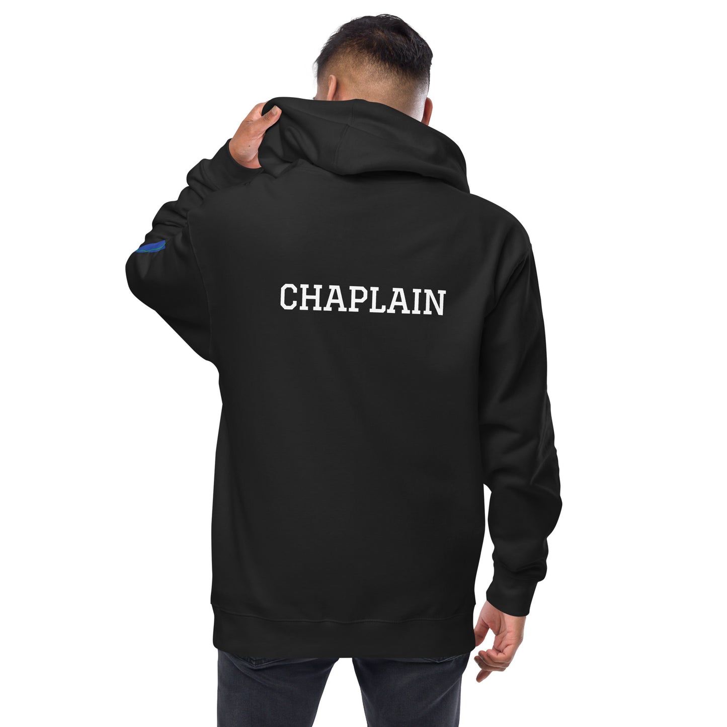 Unisex fleece zip up hoodie (Logo on chest, CHAPLAIN on back, NV on sleeve)