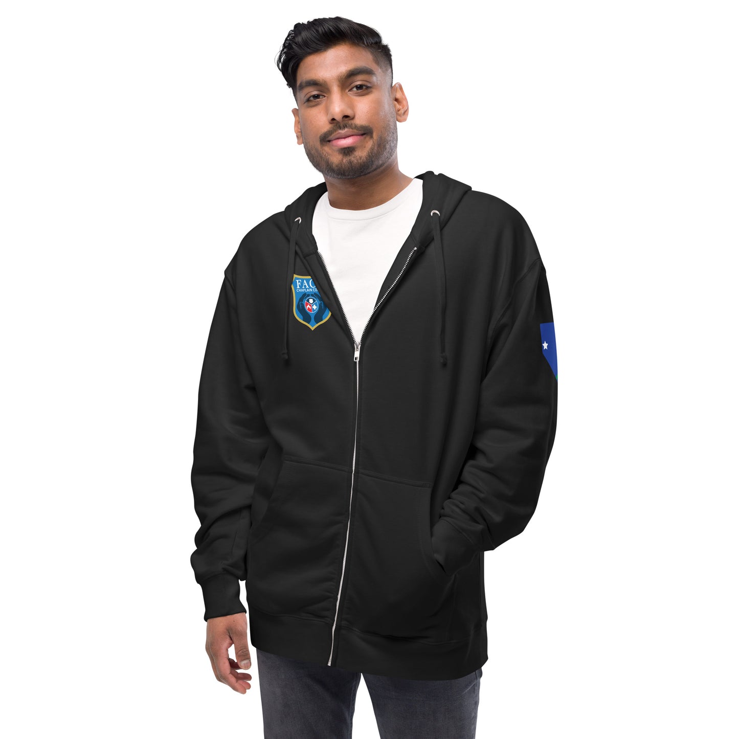 Unisex fleece zip up hoodie (Logo on chest, CHAPLAIN on back, NV on sleeve)