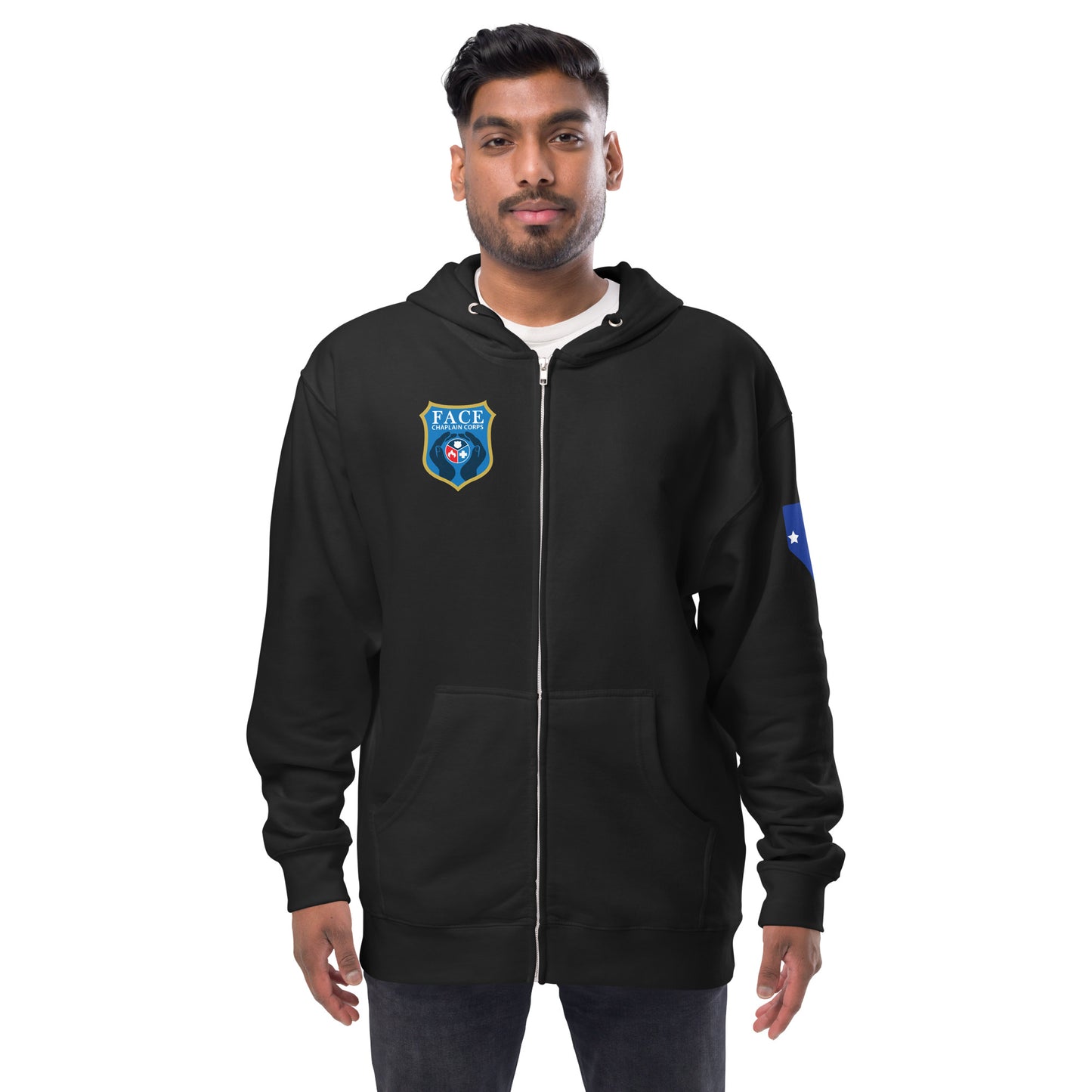 Unisex fleece zip up hoodie (Logo on chest, CHAPLAIN on back, NV on sleeve)